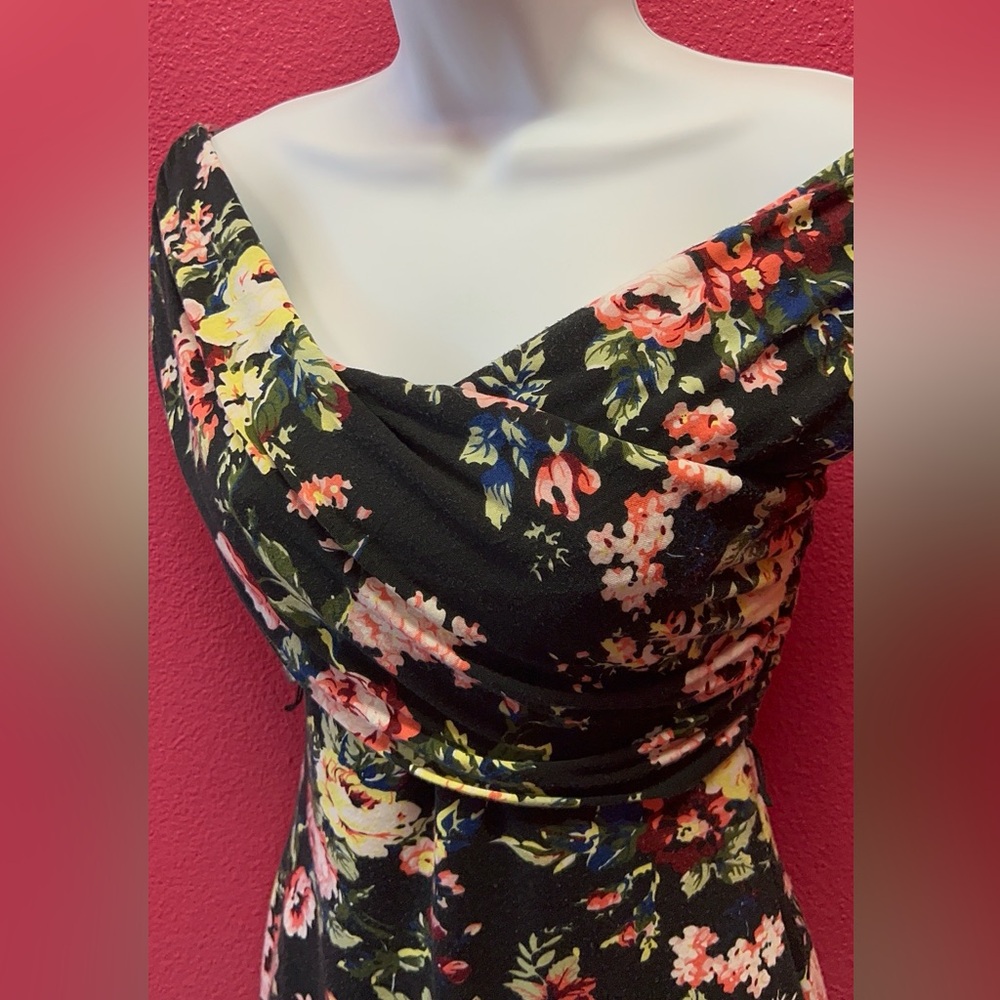 Unique Vintage Black Floral Midi Dress - Picture 2 of 5